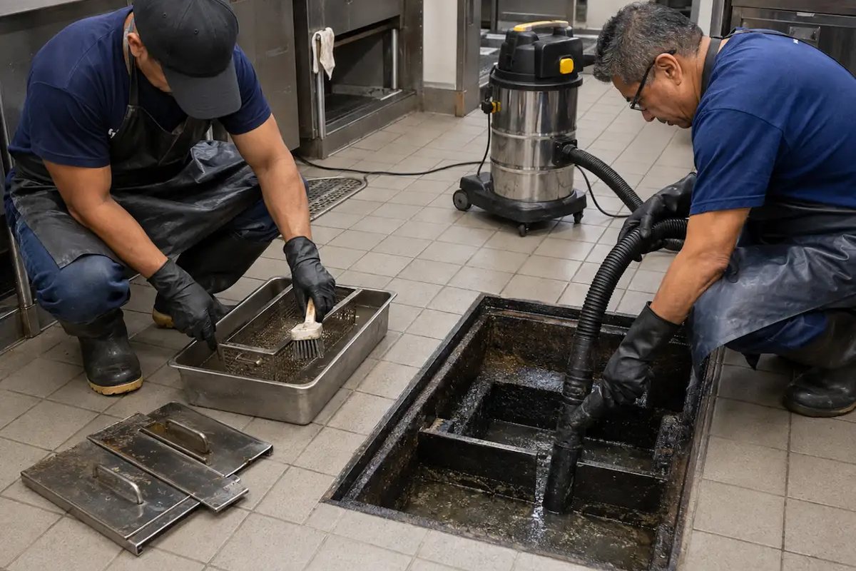 Técnicos limpiando una trampa de grasa abierta en el piso de una cocina comercial con aspiradora industrial